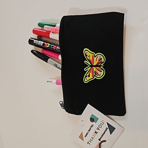 Hand Crafted black canvas pencil case zipper bag embroidery skull & butterfly - Picture 8 of 17